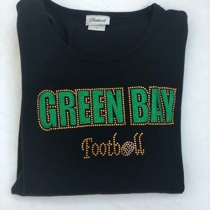 Green Bay Packers Football Shirt Bling Black 3/4 Sleeve Crew Neck Size Large